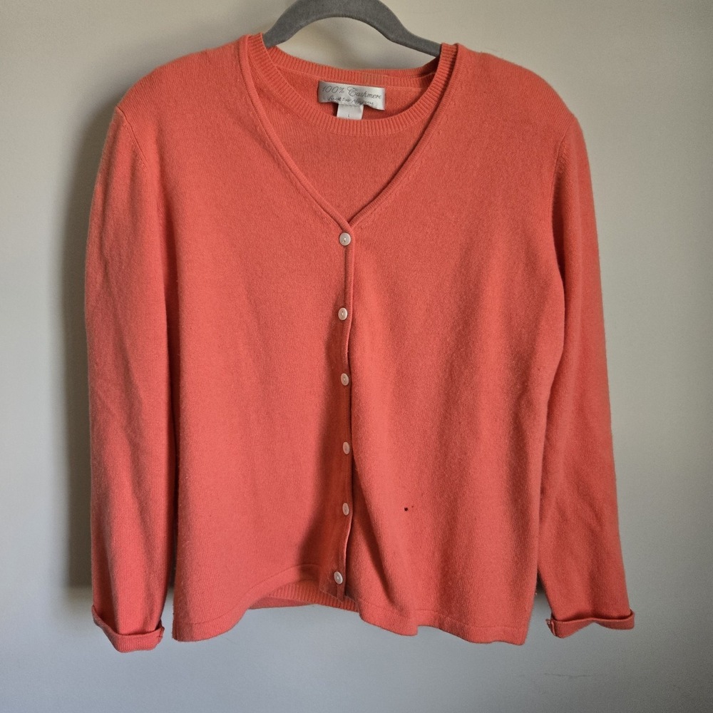 100% CASHMERE FLAWED Twin Cardigan Sweater SET Size L 2 Piece Set Coral